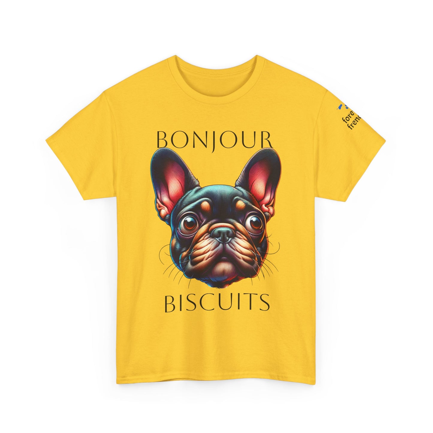 Funny French Bulldog T-Shirt - 'Bonjour Biscuits' Unisex Heavy Cotton Tee